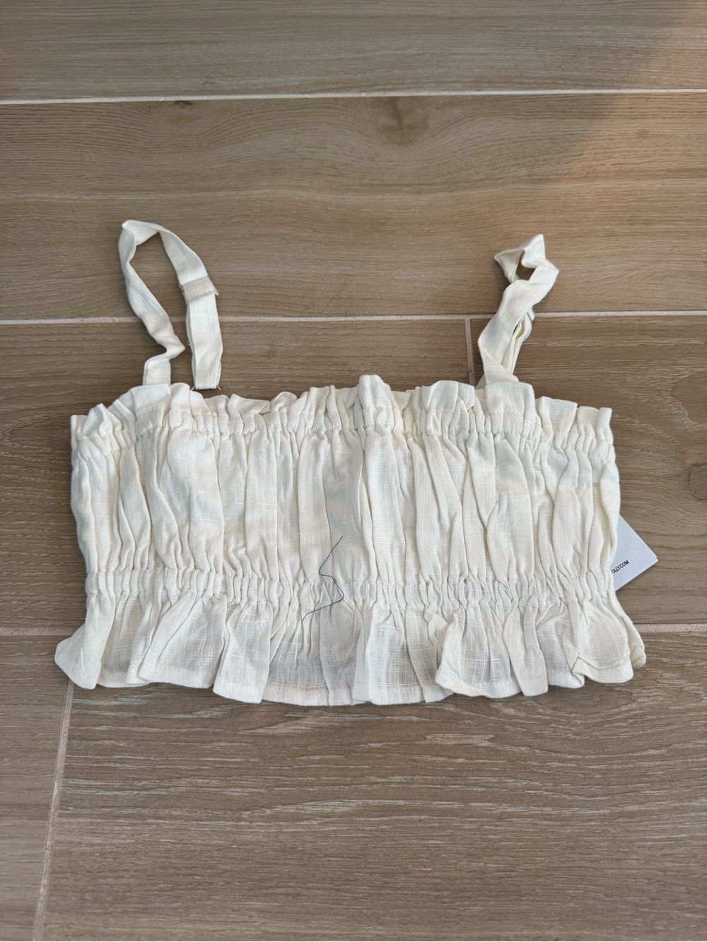 Princess Polly Cream Smocked Ruffle Tie-Strap Crop Top